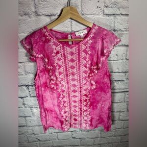 THML Embroidered Top Womens Small Fuchsia Pink‎ White Flutter Sleeve Casual